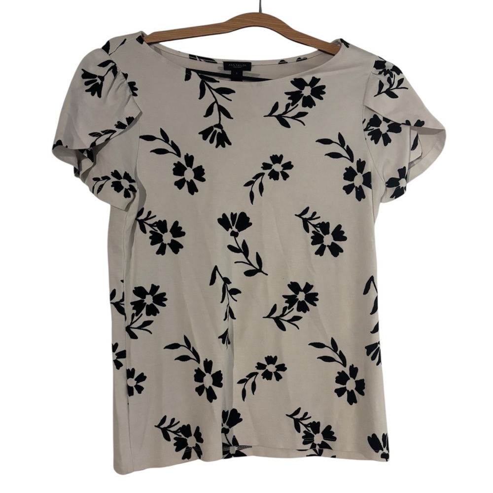 Ann Taylor Cream Top with Black Floral Print and Ruffle Sleeves